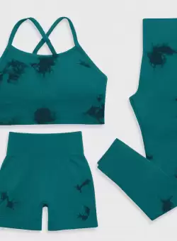 Set pentru Sala Green/Black 3 piese, Pantalon scurt si Colanti plus Bustiera, Model Tie-Dye - M, MIX15471-2145
